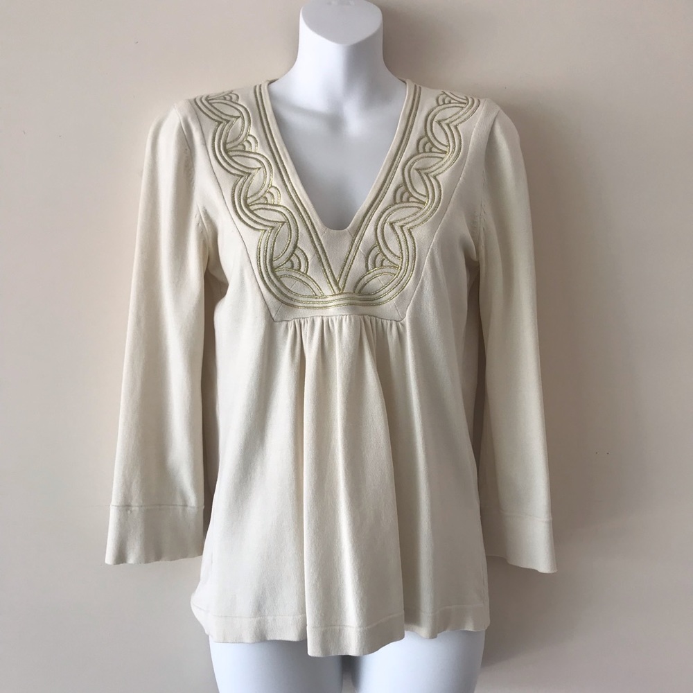 Gold embroidered silk blend 3/4 sleeve top